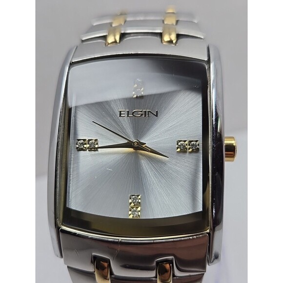 Mens Elgin Two Tone Rectangle Tank Quartz Watch Diamond Accent 33mm New Battery - Picture 4 of 11